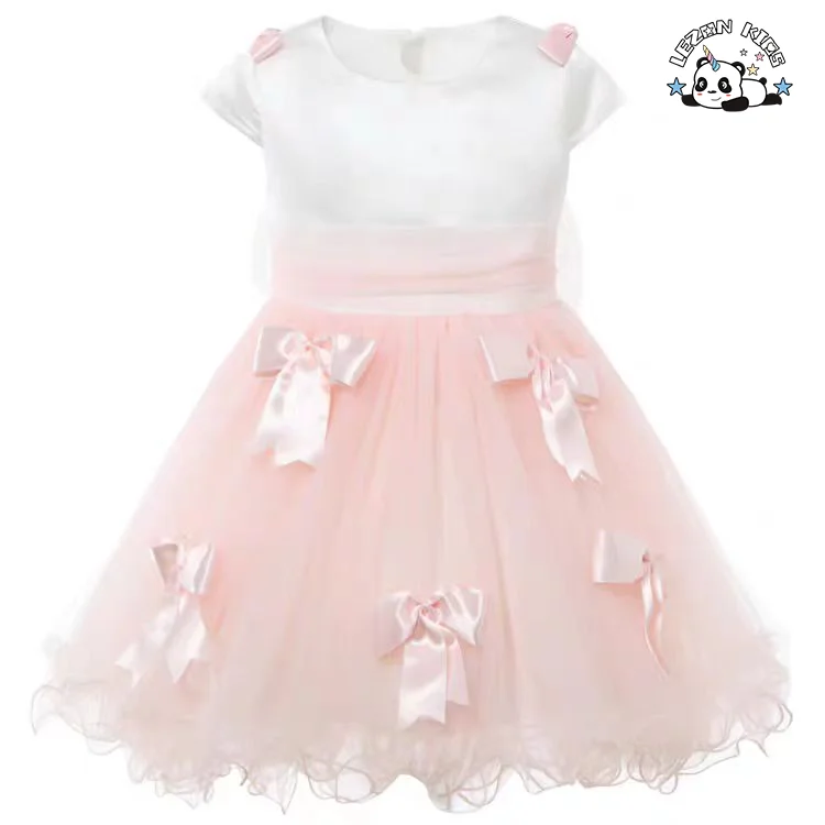 LEZONKIDS - Atacado de Novo Produto de manga curta com laços cor-de-rosa fofos, últimos vestidos tutu para meninas crianças